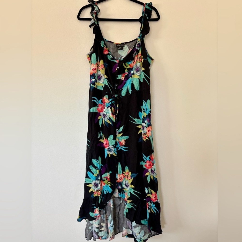 City Chic Tropical Floral Print High Low Hem Sleeveless Ruffle Maxi Dress Boho